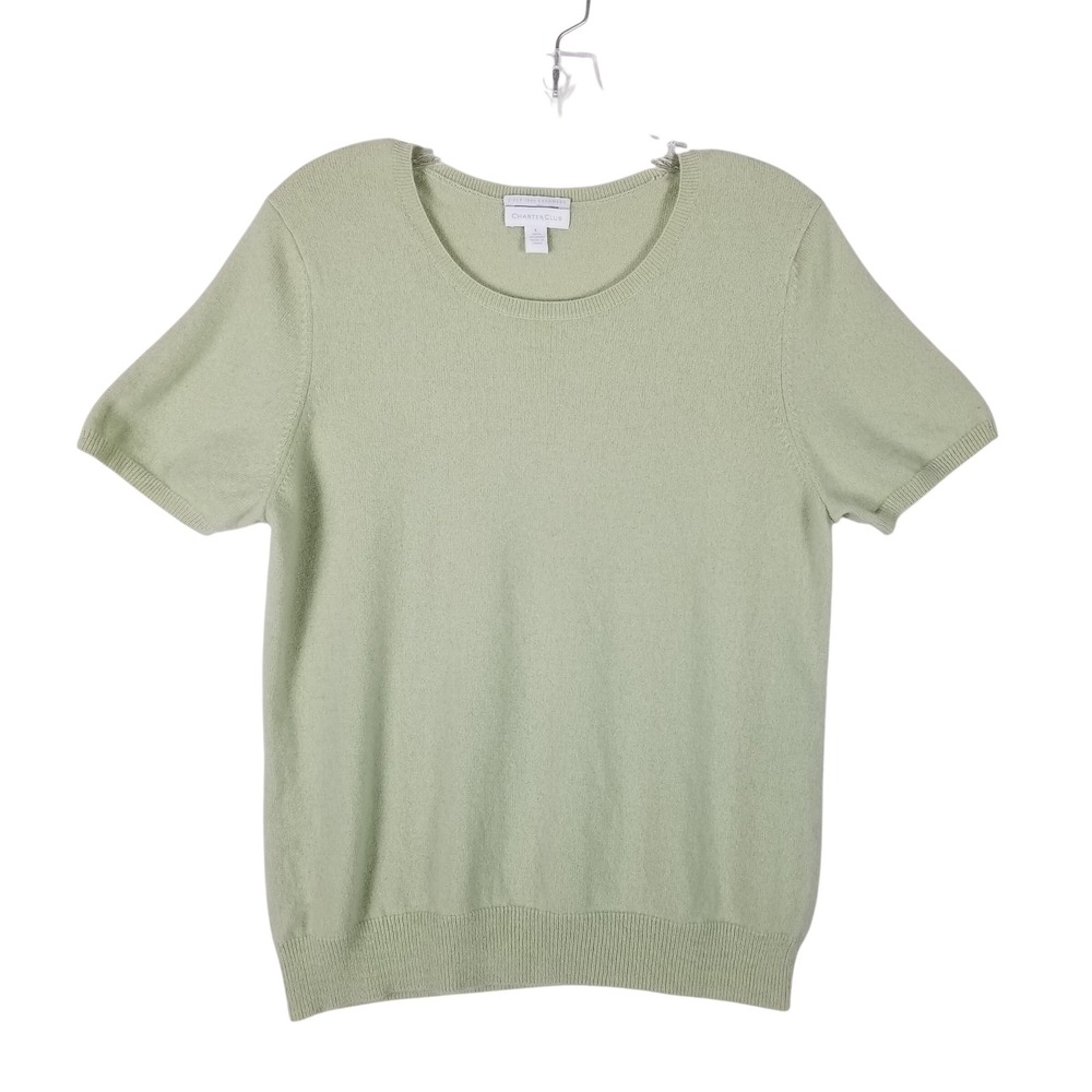 Charter Club Cashmere Sweater Womens Large Sage Green Short Sleeve Crew Neck